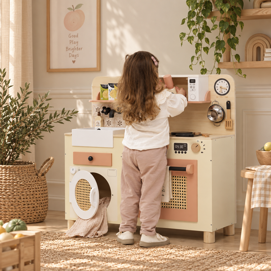 Family Size Rattan Wooden Play Kitchen